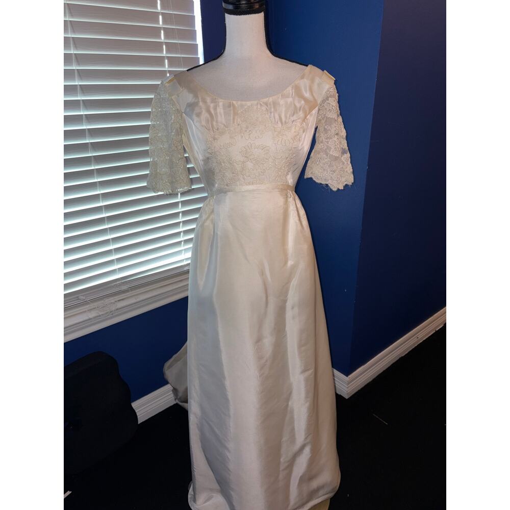 Ivory Lace & Satin Gown — Floor Length with Train - Mid Century